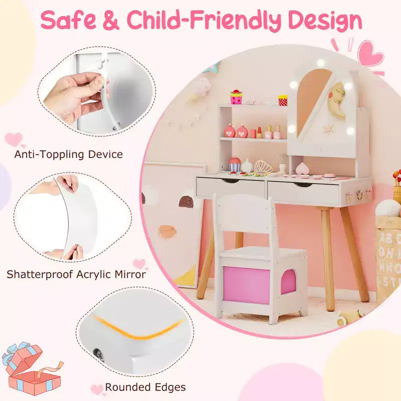Costway Kids Vanity Set with 3-Color Lighting Modes, Adjustable Brightness, Mirror Cabinet White/Pink