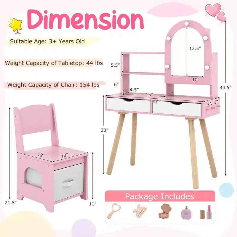 Costway Kids Vanity Set with 3-Color Lighting Modes, Adjustable Brightness, Mirror Cabinet White/Pink