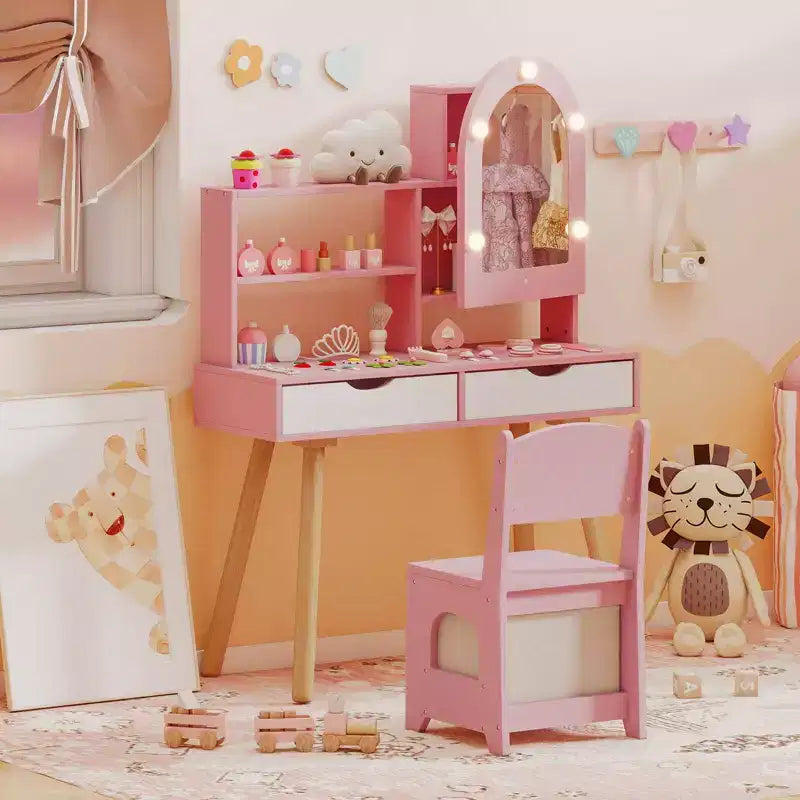 Costway Kids Vanity Set with 3-Color Lighting Modes, Adjustable Brightness, Mirror Cabinet White/Pink