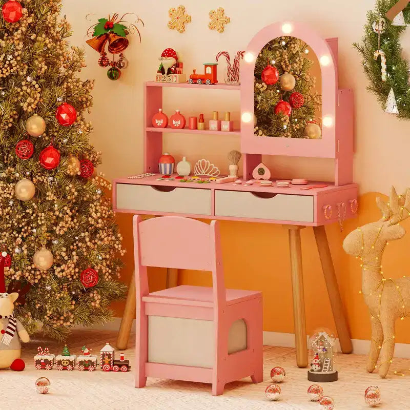 Costway Kids Vanity Set with 3-Color Lighting Modes, Adjustable Brightness, Mirror Cabinet White/Pink