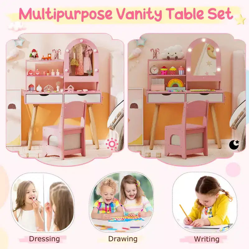 Costway Kids Vanity Set with 3-Color Lighting Modes, Adjustable Brightness, Mirror Cabinet White/Pink