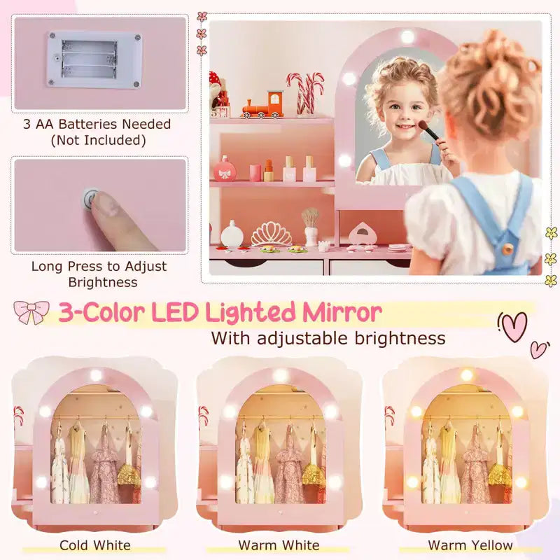 Costway Kids Vanity Set with 3-Color Lighting Modes, Adjustable Brightness, Mirror Cabinet White/Pink