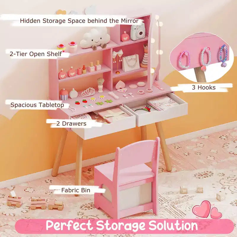 Costway Kids Vanity Set with 3-Color Lighting Modes, Adjustable Brightness, Mirror Cabinet White/Pink