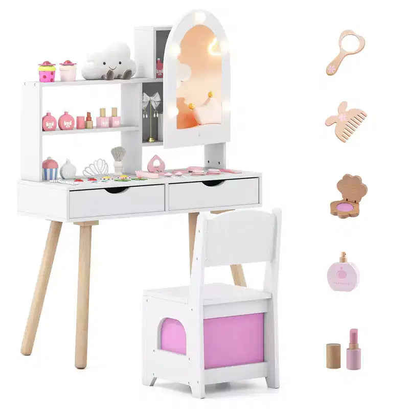Costway Kids Vanity Set with 3-Color Lighting Modes, Adjustable Brightness, Mirror Cabinet White/Pink