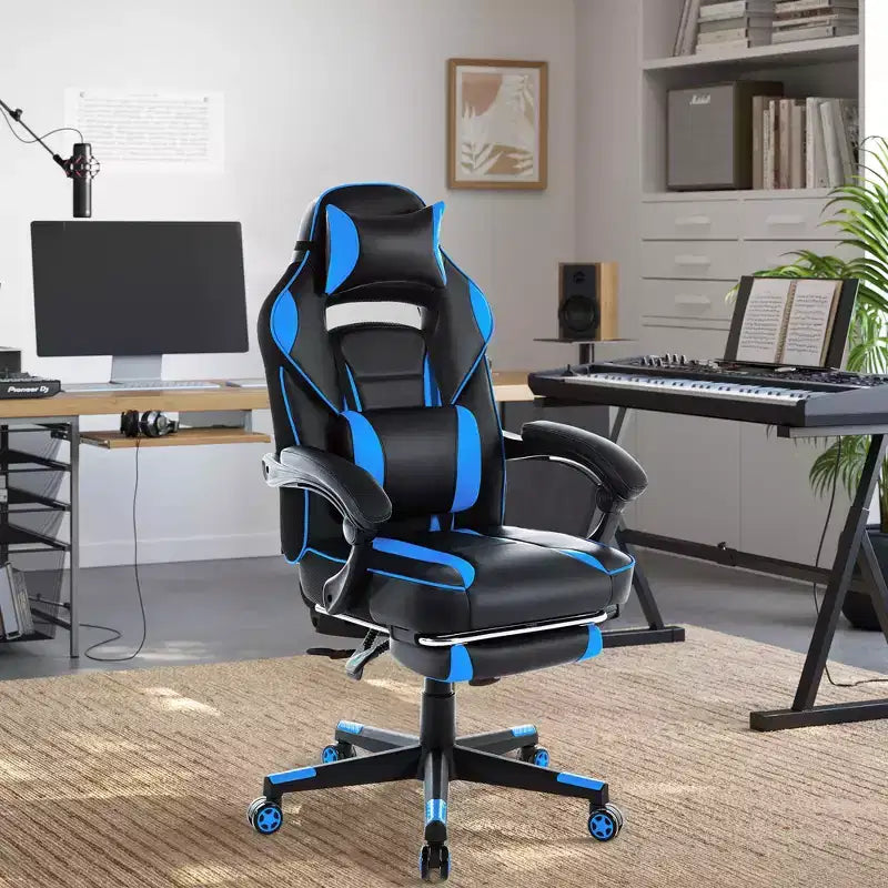 High Back PU Leather Gaming Chair  Ergonomic Computer Chair with Headrest, Retractable Footrest, Lumbar Support, 360 Swivel, Height Adjust, Black