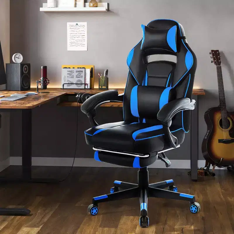High Back PU Leather Gaming Chair  Ergonomic Computer Chair with Headrest, Retractable Footrest, Lumbar Support, 360 Swivel, Height Adjust, Black
