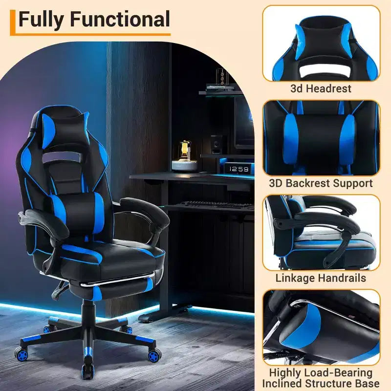 High Back PU Leather Gaming Chair  Ergonomic Computer Chair with Headrest, Retractable Footrest, Lumbar Support, 360 Swivel, Height Adjust, Black