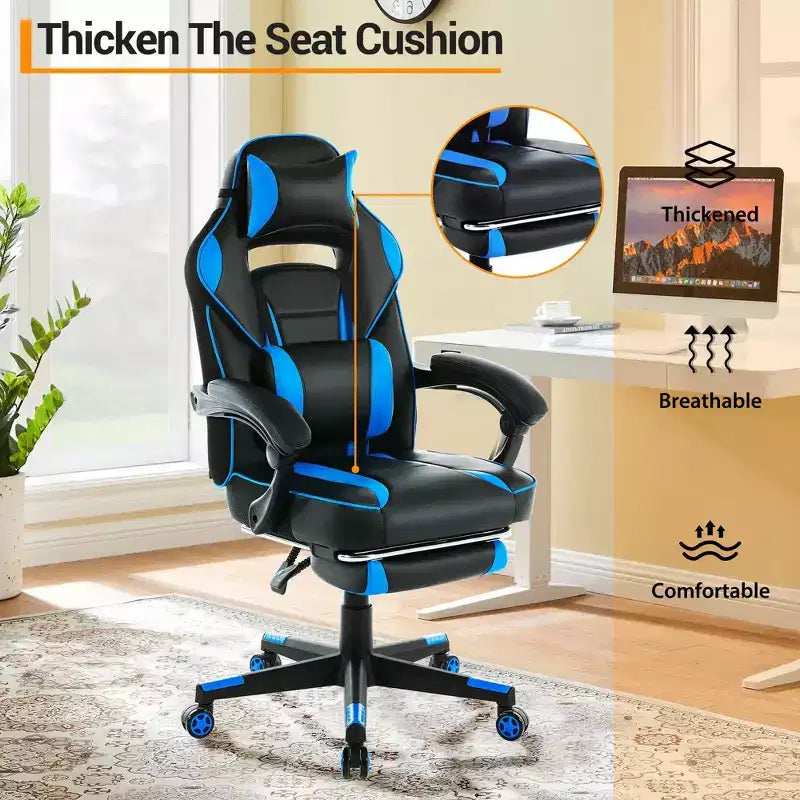 High Back PU Leather Gaming Chair  Ergonomic Computer Chair with Headrest, Retractable Footrest, Lumbar Support, 360 Swivel, Height Adjust, Black