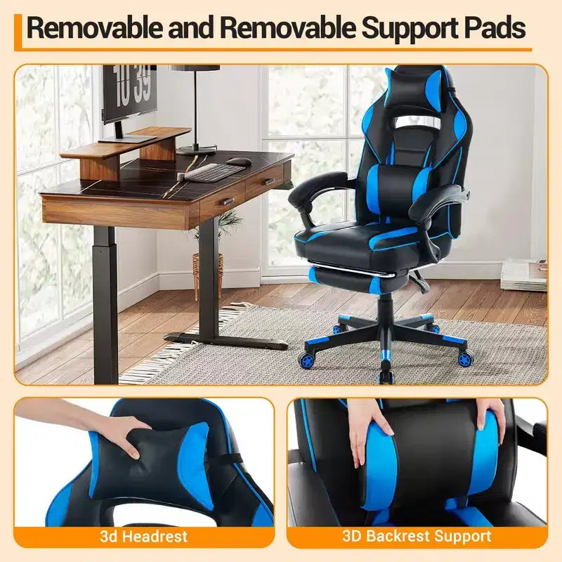 High Back PU Leather Gaming Chair  Ergonomic Computer Chair with Headrest, Retractable Footrest, Lumbar Support, 360 Swivel, Height Adjust, Black