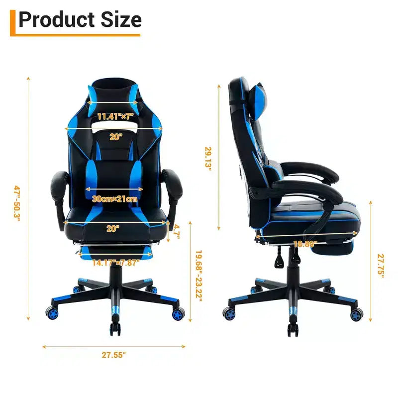 High Back PU Leather Gaming Chair  Ergonomic Computer Chair with Headrest, Retractable Footrest, Lumbar Support, 360 Swivel, Height Adjust, Black