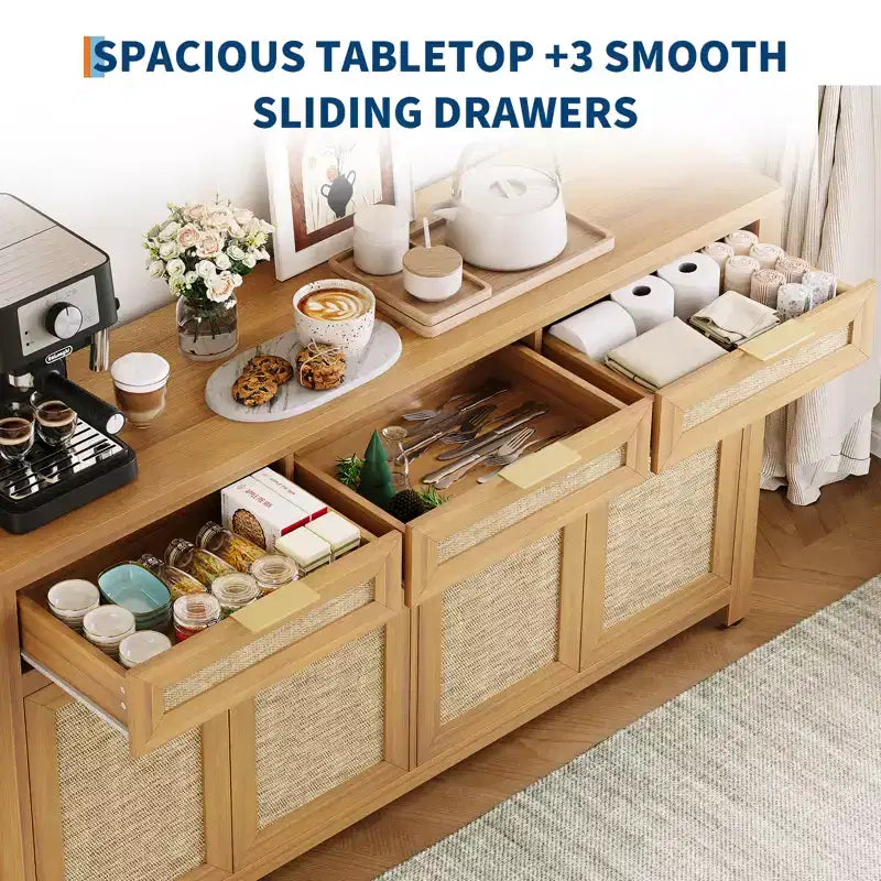 63in Sideboard Buffet Cabinet with Storage, Rattan Farmhouse Credenza Coffee Bar with 3 Drawers 4 Doors Adjustable Shelves for Dining Room Kitchen