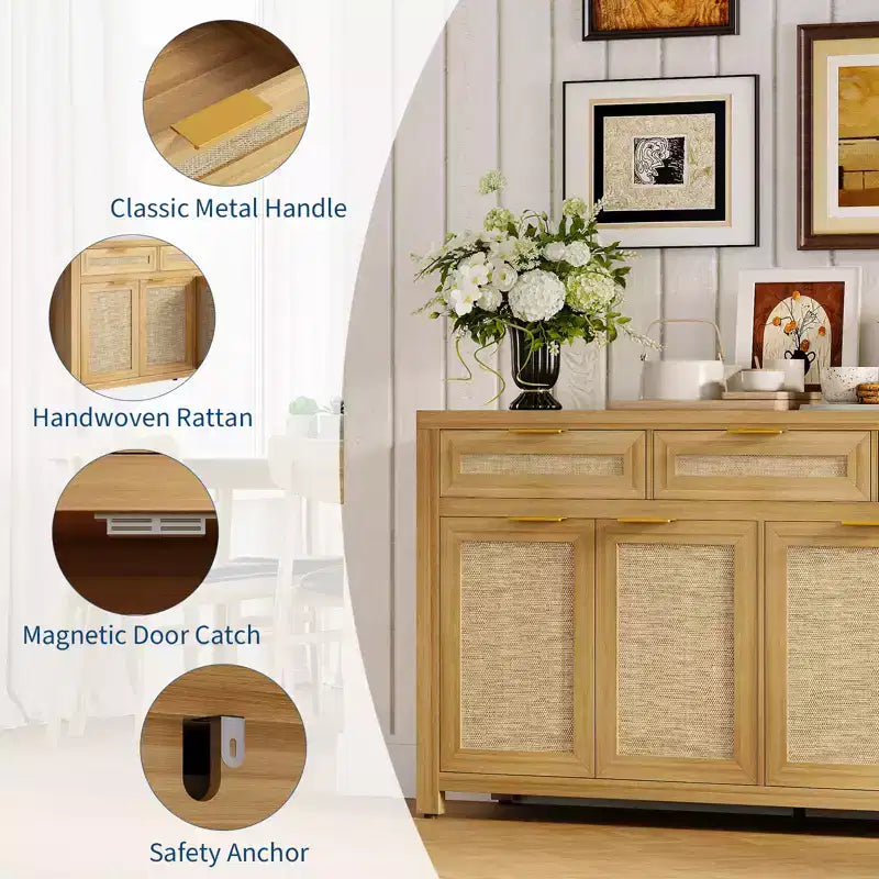 63in Sideboard Buffet Cabinet with Storage, Rattan Farmhouse Credenza Coffee Bar with 3 Drawers 4 Doors Adjustable Shelves for Dining Room Kitchen