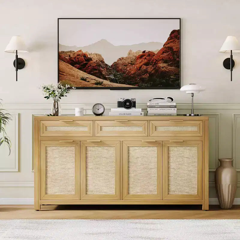 63in Sideboard Buffet Cabinet with Storage, Rattan Farmhouse Credenza Coffee Bar with 3 Drawers 4 Doors Adjustable Shelves for Dining Room Kitchen