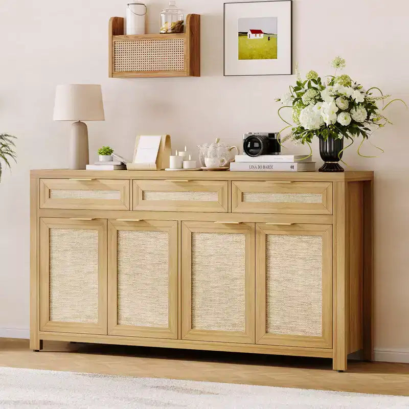 63in Sideboard Buffet Cabinet with Storage, Rattan Farmhouse Credenza Coffee Bar with 3 Drawers 4 Doors Adjustable Shelves for Dining Room Kitchen