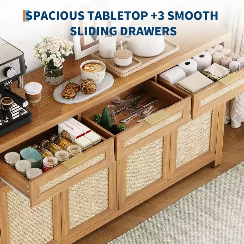 63in Sideboard Buffet Cabinet with Storage, Rattan Farmhouse Credenza Coffee Bar with 3 Drawers 4 Doors Adjustable Shelves for Dining Room Kitchen