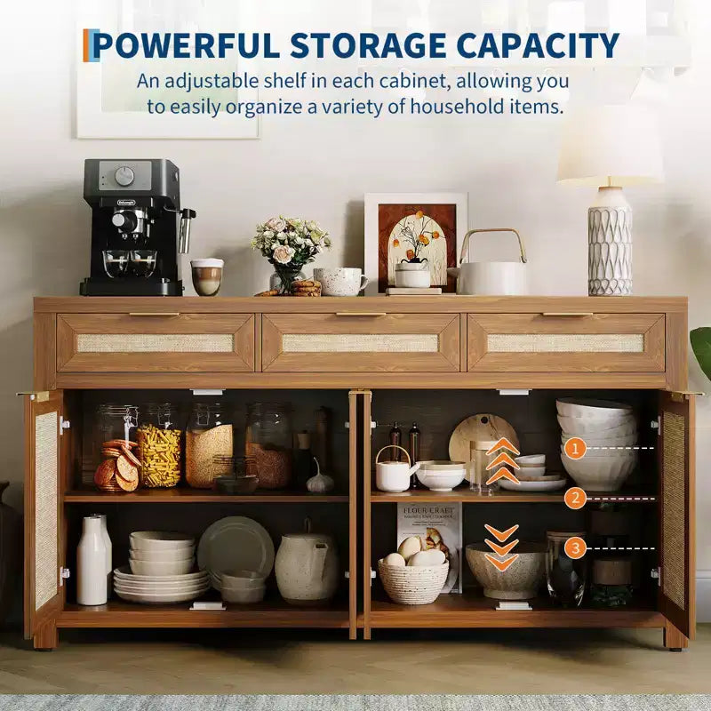 63in Sideboard Buffet Cabinet with Storage, Rattan Farmhouse Credenza Coffee Bar with 3 Drawers 4 Doors Adjustable Shelves for Dining Room Kitchen