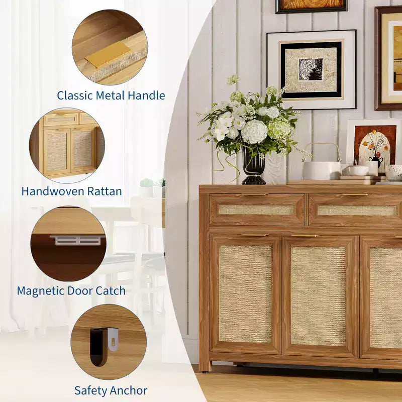 63in Sideboard Buffet Cabinet with Storage, Rattan Farmhouse Credenza Coffee Bar with 3 Drawers 4 Doors Adjustable Shelves for Dining Room Kitchen