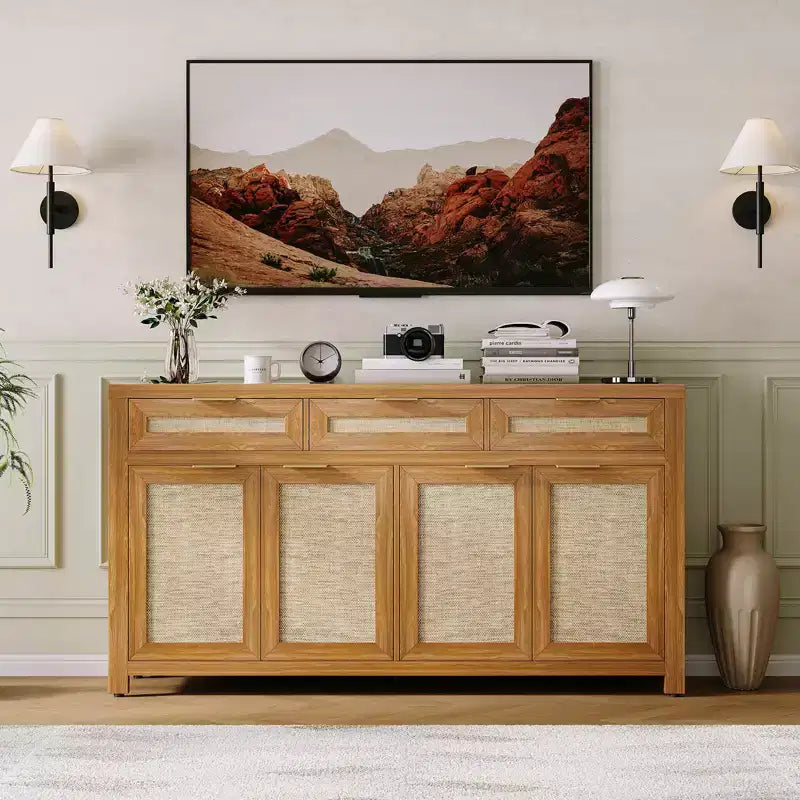 63in Sideboard Buffet Cabinet with Storage, Rattan Farmhouse Credenza Coffee Bar with 3 Drawers 4 Doors Adjustable Shelves for Dining Room Kitchen