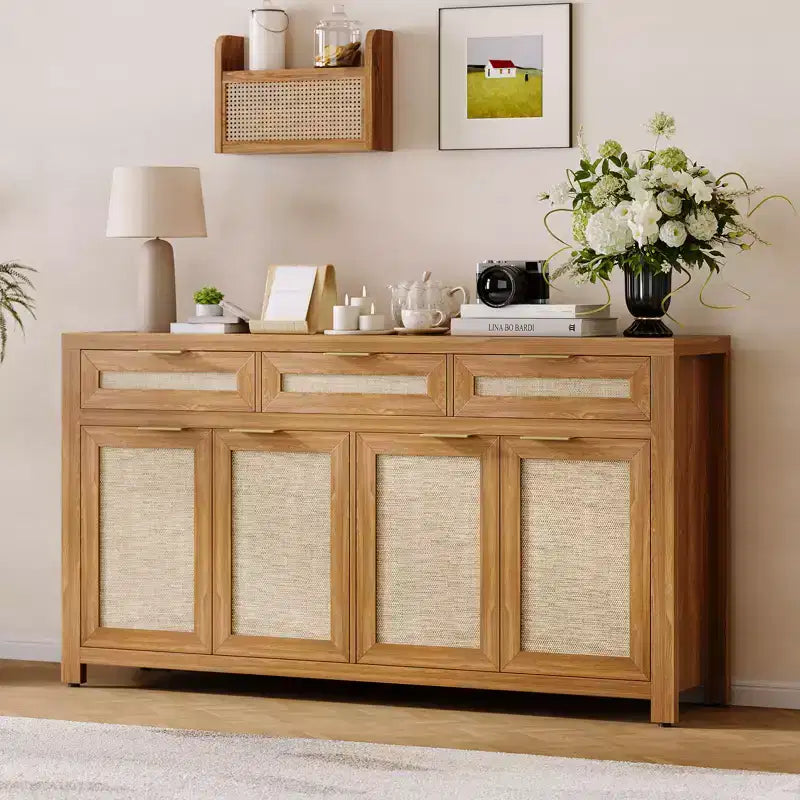 63in Sideboard Buffet Cabinet with Storage, Rattan Farmhouse Credenza Coffee Bar with 3 Drawers 4 Doors Adjustable Shelves for Dining Room Kitchen
