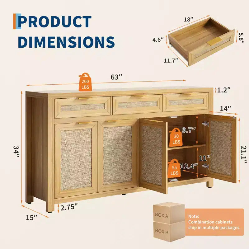 63in Sideboard Buffet Cabinet with Storage, Rattan Farmhouse Credenza Coffee Bar with 3 Drawers 4 Doors Adjustable Shelves for Dining Room Kitchen