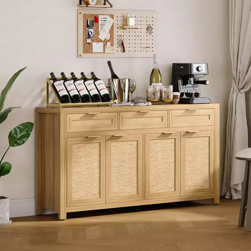 63in Sideboard Buffet Cabinet with Storage, Rattan Farmhouse Credenza Coffee Bar with 3 Drawers 4 Doors Adjustable Shelves for Dining Room Kitchen