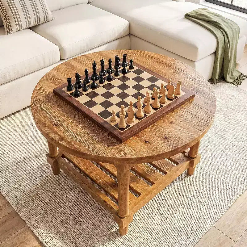 Tavolino rotondo da caffè Lantine, 80 cm, in legno massello, stile rustico, con ripiano portaoggetti a 2 livelli, per soggiorno, piccoli spazi, appartamento
