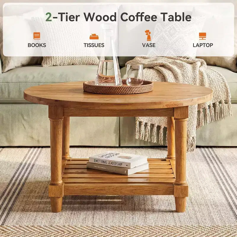 Tavolino rotondo da caffè Lantine, 80 cm, in legno massello, stile rustico, con ripiano portaoggetti a 2 livelli, per soggiorno, piccoli spazi, appartamento