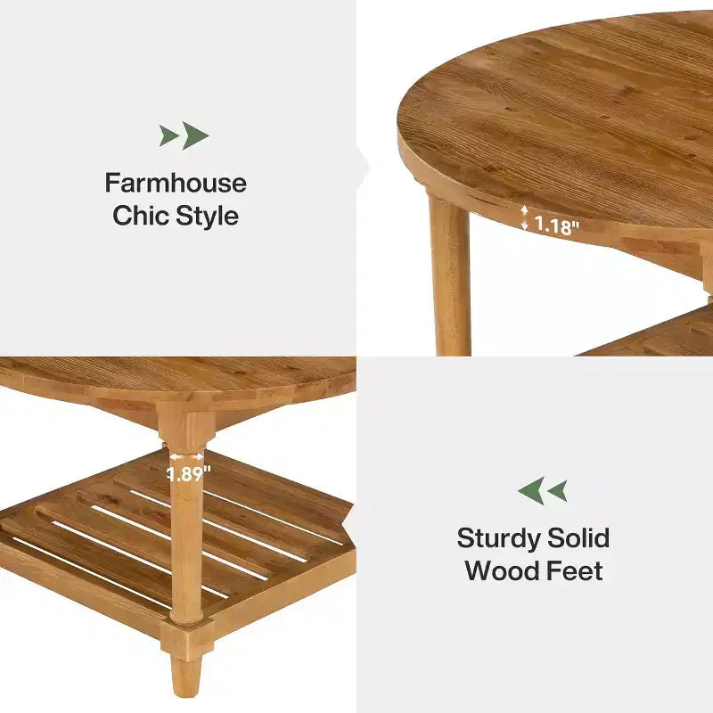 Tavolino rotondo da caffè Lantine, 80 cm, in legno massello, stile rustico, con ripiano portaoggetti a 2 livelli, per soggiorno, piccoli spazi, appartamento