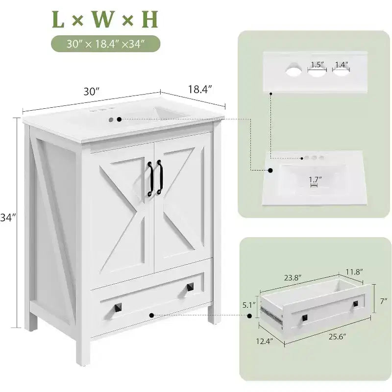 30 Inch Bathroom Vanity with Ceramic Sink, Freestanding Farmhouse Bathroom Cabinet with 2 Doors and 1 Drawer
