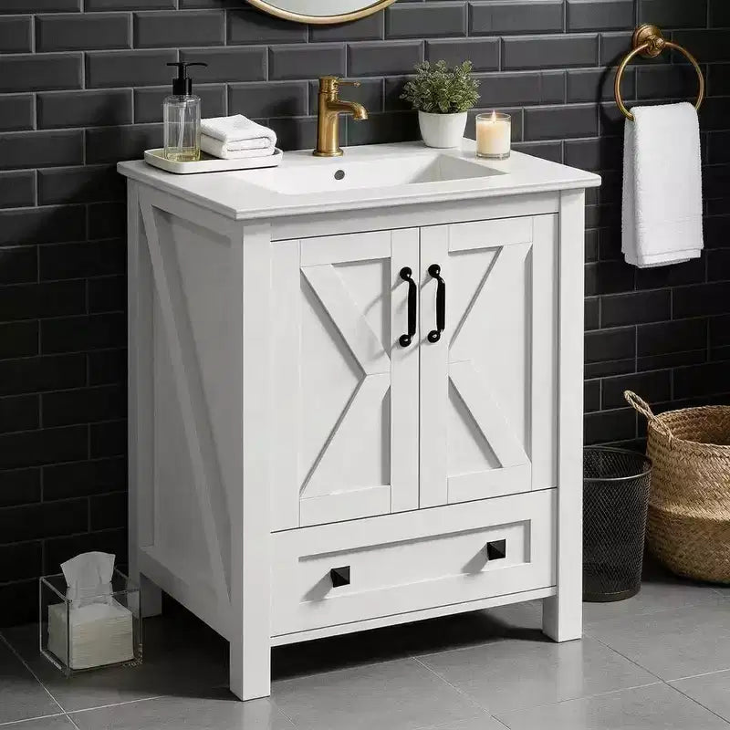 30 Inch Bathroom Vanity with Ceramic Sink, Freestanding Farmhouse Bathroom Cabinet with 2 Doors and 1 Drawer