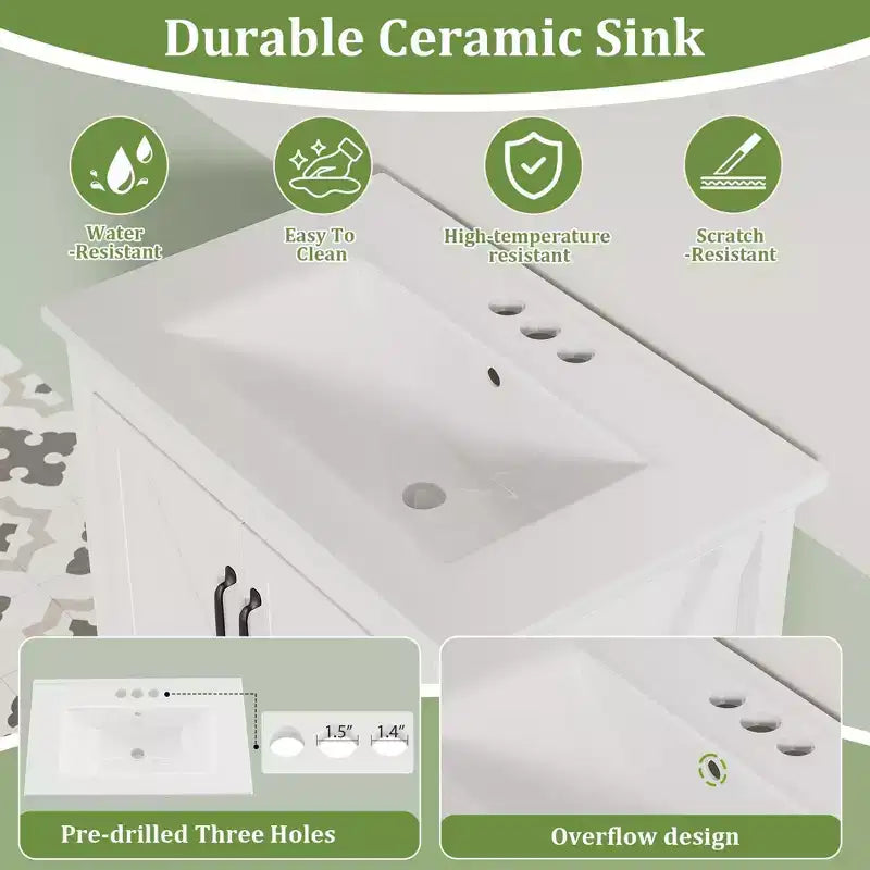 30 Inch Bathroom Vanity with Ceramic Sink, Freestanding Farmhouse Bathroom Cabinet with 2 Doors and 1 Drawer
