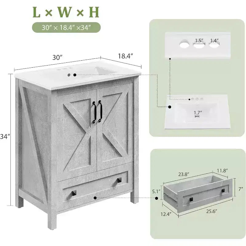 30 Inch Bathroom Vanity with Ceramic Sink, Freestanding Farmhouse Bathroom Cabinet with 2 Doors and 1 Drawer