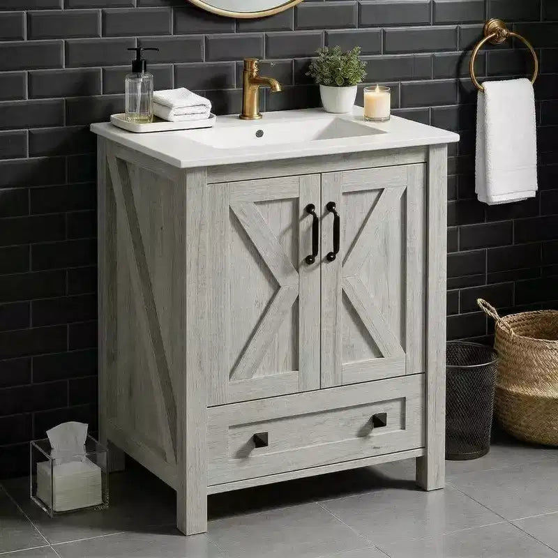 30 Inch Bathroom Vanity with Ceramic Sink, Freestanding Farmhouse Bathroom Cabinet with 2 Doors and 1 Drawer