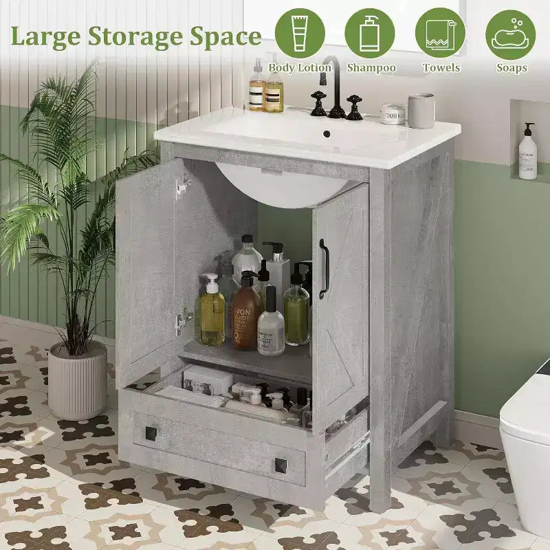 30 Inch Bathroom Vanity with Ceramic Sink, Freestanding Farmhouse Bathroom Cabinet with 2 Doors and 1 Drawer