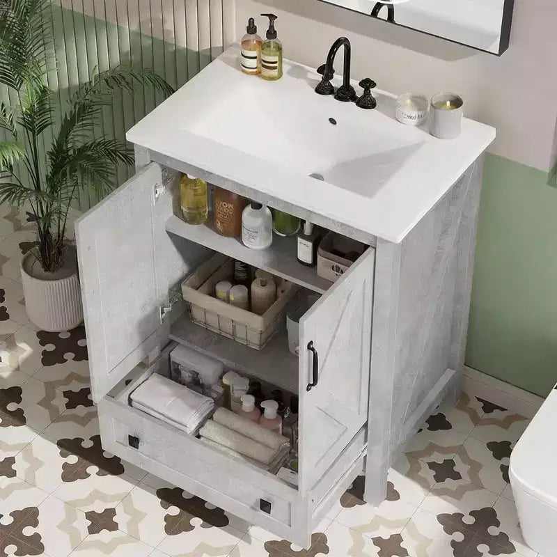 30 Inch Bathroom Vanity with Ceramic Sink, Freestanding Farmhouse Bathroom Cabinet with 2 Doors and 1 Drawer