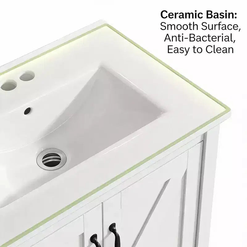 30 Inch Bathroom Vanity with Ceramic Sink, Freestanding Farmhouse Bathroom Cabinet with 2 Doors and 1 Drawer