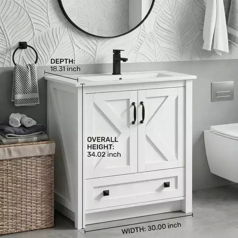 30 Inch Bathroom Vanity with Ceramic Sink, Freestanding Farmhouse Bathroom Cabinet with 2 Doors and 1 Drawer