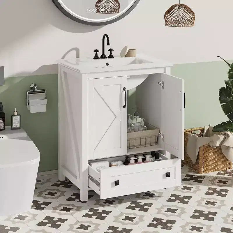 30 Inch Bathroom Vanity with Ceramic Sink, Freestanding Farmhouse Bathroom Cabinet with 2 Doors and 1 Drawer