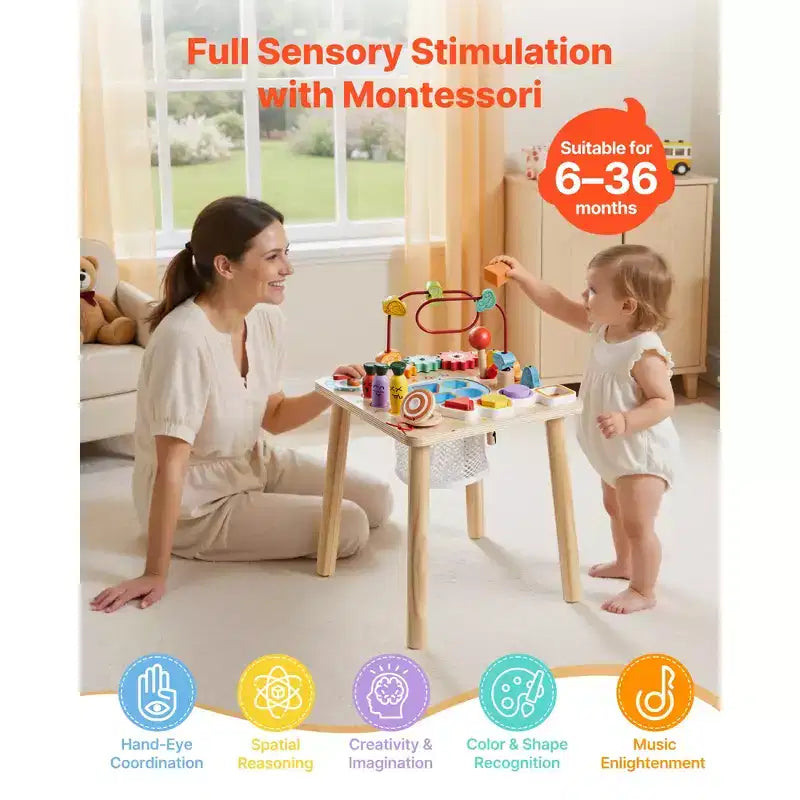 VEVOR Tavolo Attività Montessori per Bambini 1-3 Anni, Scrivania Didattica in Legno 8 in 1, Tavolo da Gioco per Neonati Maschi e Femmine dai 6 Mesi in su, Multicolore