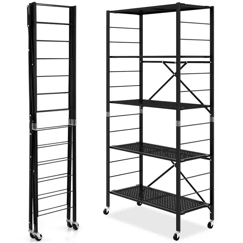 Gymax 1/2PC 5-Tier Adjustable Foldable Storage Shelves w/ Lockable Wheels for Home Office Black
