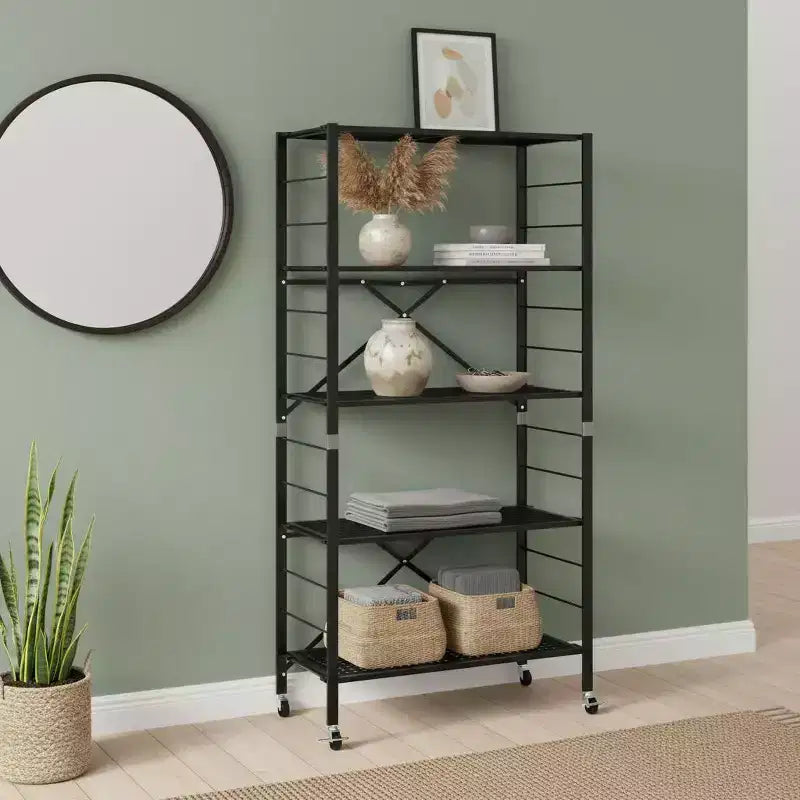 Gymax 1/2PC 5-Tier Adjustable Foldable Storage Shelves w/ Lockable Wheels for Home Office Black