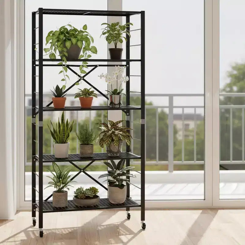 Gymax 1/2PC 5-Tier Adjustable Foldable Storage Shelves w/ Lockable Wheels for Home Office Black