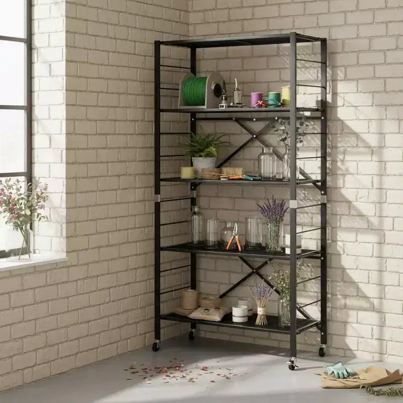 Gymax 1/2PC 5-Tier Adjustable Foldable Storage Shelves w/ Lockable Wheels for Home Office Black