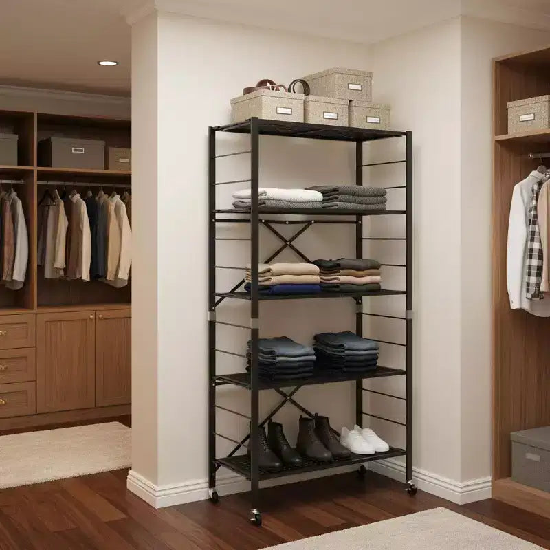 Gymax 1/2PC 5-Tier Adjustable Foldable Storage Shelves w/ Lockable Wheels for Home Office Black