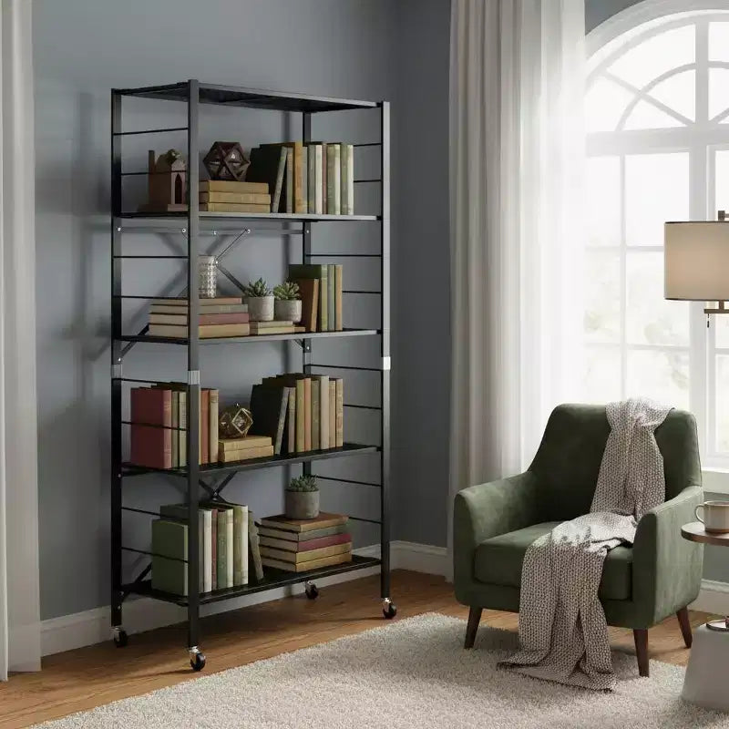 Gymax 1/2PC 5-Tier Adjustable Foldable Storage Shelves w/ Lockable Wheels for Home Office Black