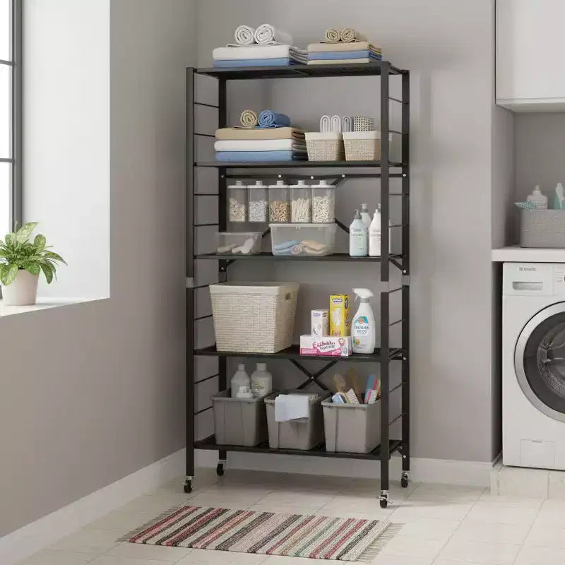 Gymax 1/2PC 5-Tier Adjustable Foldable Storage Shelves w/ Lockable Wheels for Home Office Black