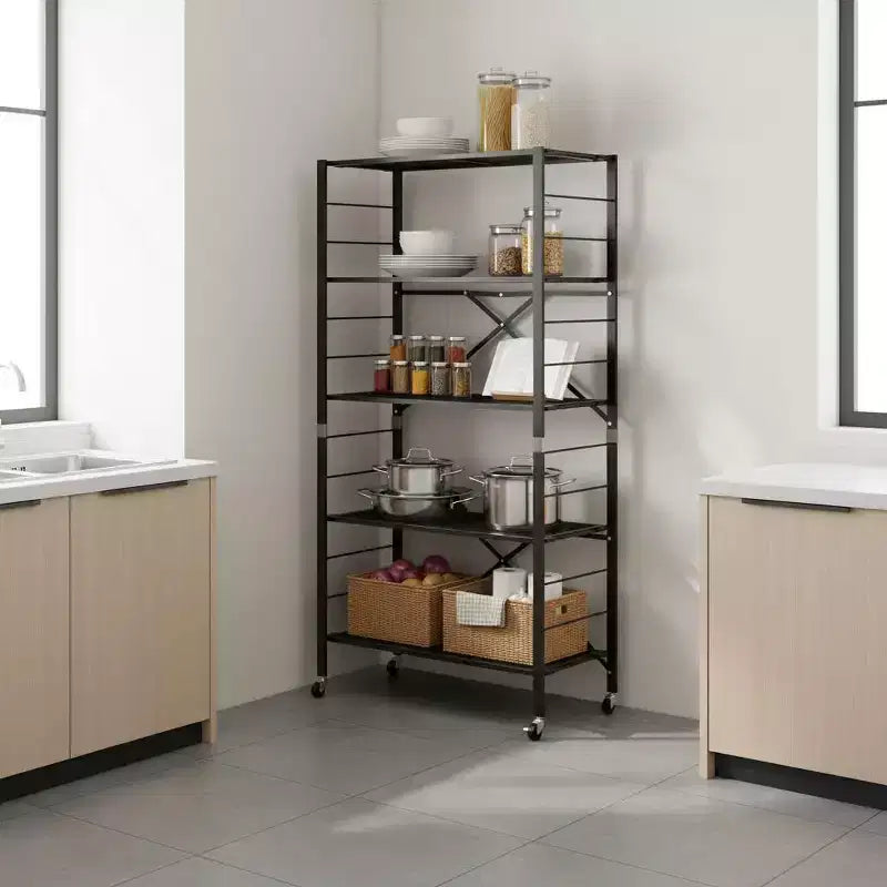 Gymax 1/2PC 5-Tier Adjustable Foldable Storage Shelves w/ Lockable Wheels for Home Office Black