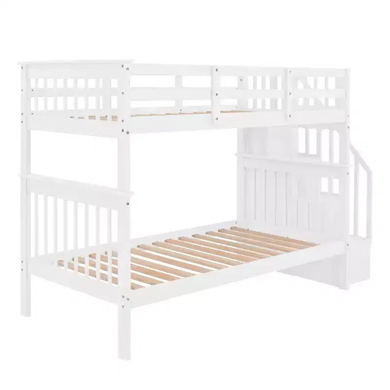 Luxystar Twin over Twin Bunk Bed with Storage Staircase and Fence for Apartment and Dorm