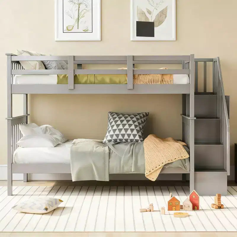 Luxystar Twin over Twin Bunk Bed with Storage Staircase and Fence for Apartment and Dorm
