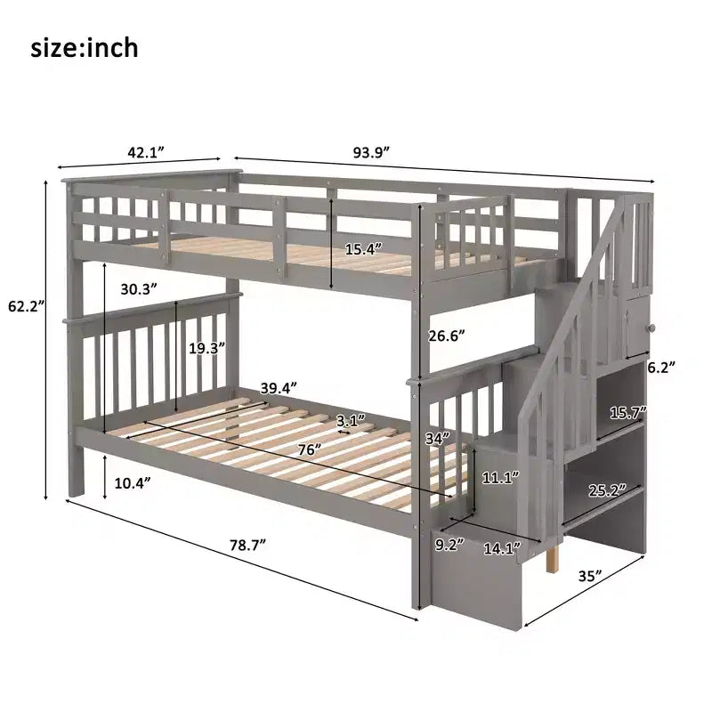 Luxystar Twin over Twin Bunk Bed with Storage Staircase and Fence for Apartment and Dorm